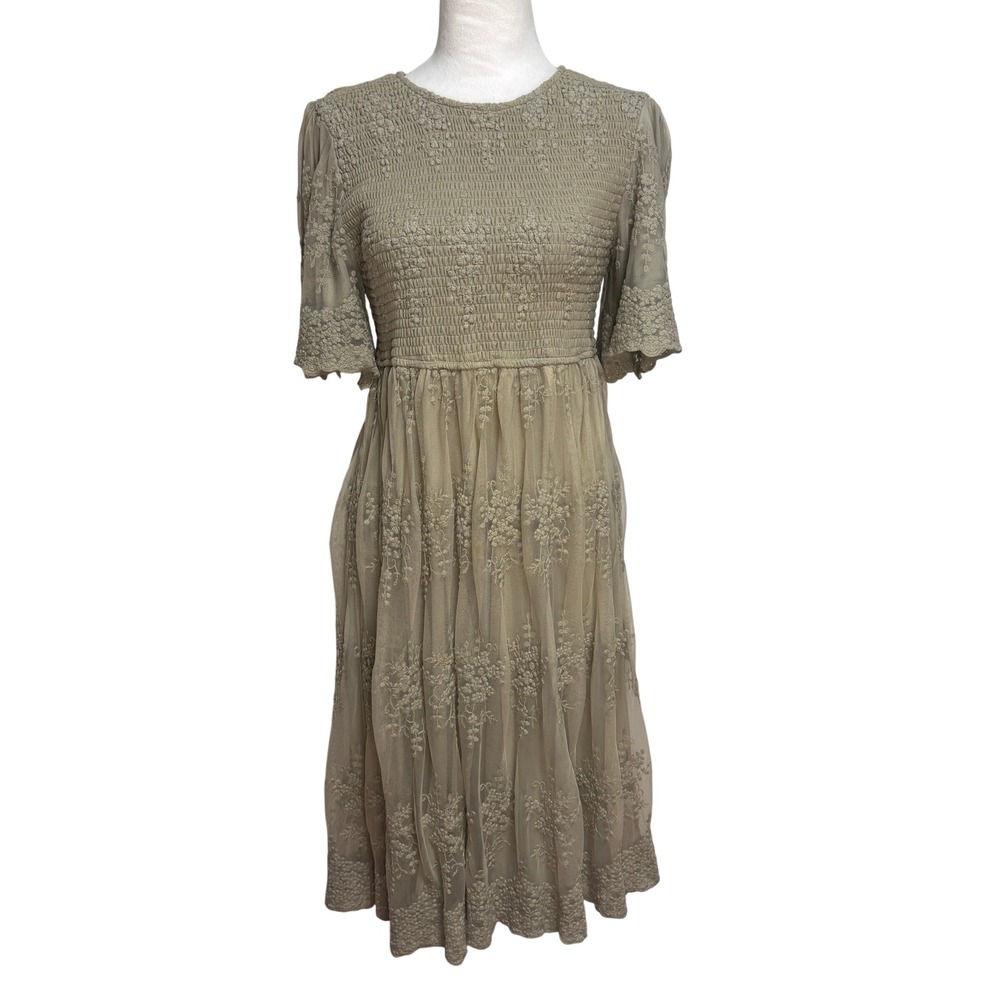 Celadon Smocked Mesh Embroidered Dress Women L Sage Green Cottage Romantic Fairy